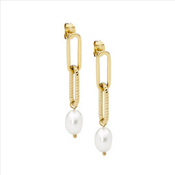 Stainless Steel Paperclip Earrings W/ Freshwater Pearl & Gold Ip Plating
