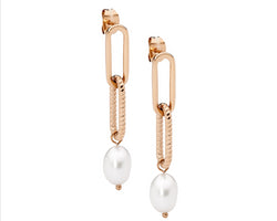 Stainless Steel Paperclip Earrings W/ Freshwater Pearl & Rose Gold Ip Plating