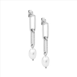 Stainless Steel Paperclip Earrings W/ Freshwater Pearl