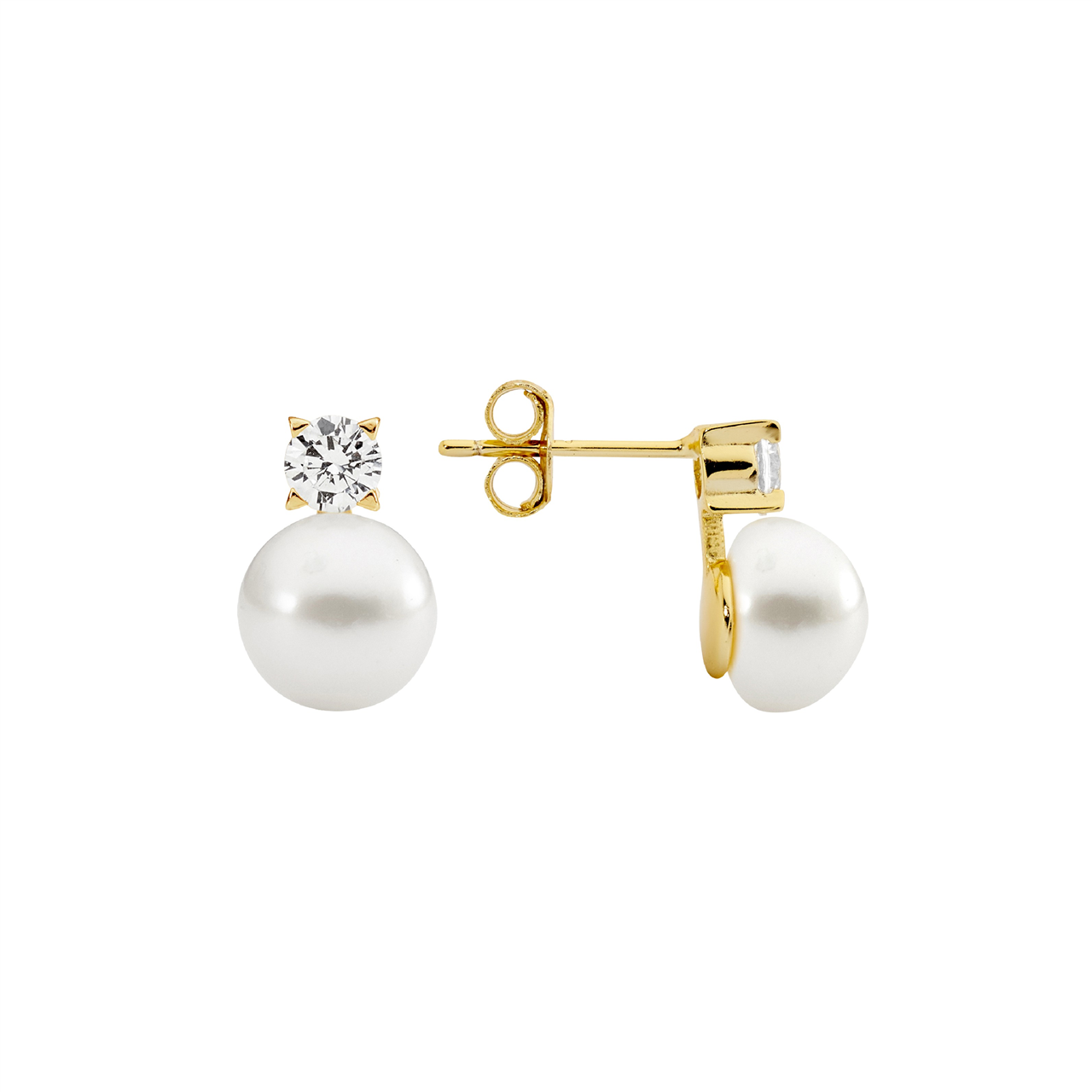SS 4mm claw set wh cz, 8.5mm freshwater pearl earrings w/ gold plating