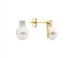 SS 4mm claw set wh cz, 8.5mm freshwater pearl earrings w/ gold plating