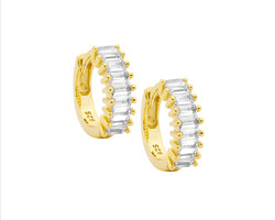 Ss Wh Cz Baguette Claw Set 13Mm Hoop Earrings W/ Gold Plating