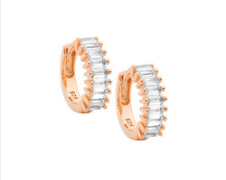 Ss Wh Cz Baguette Claw Set 13Mm Hoop Earrings W/ Rose Gold Plating