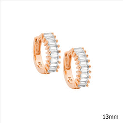 Ss Wh Cz Baguette Claw Set 13Mm Hoop Earrings W/ Rose Gold Plating
