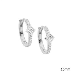 Ss Wh Cz 16Mm Hoop Earrings W/ Princess Cut Bezel Set