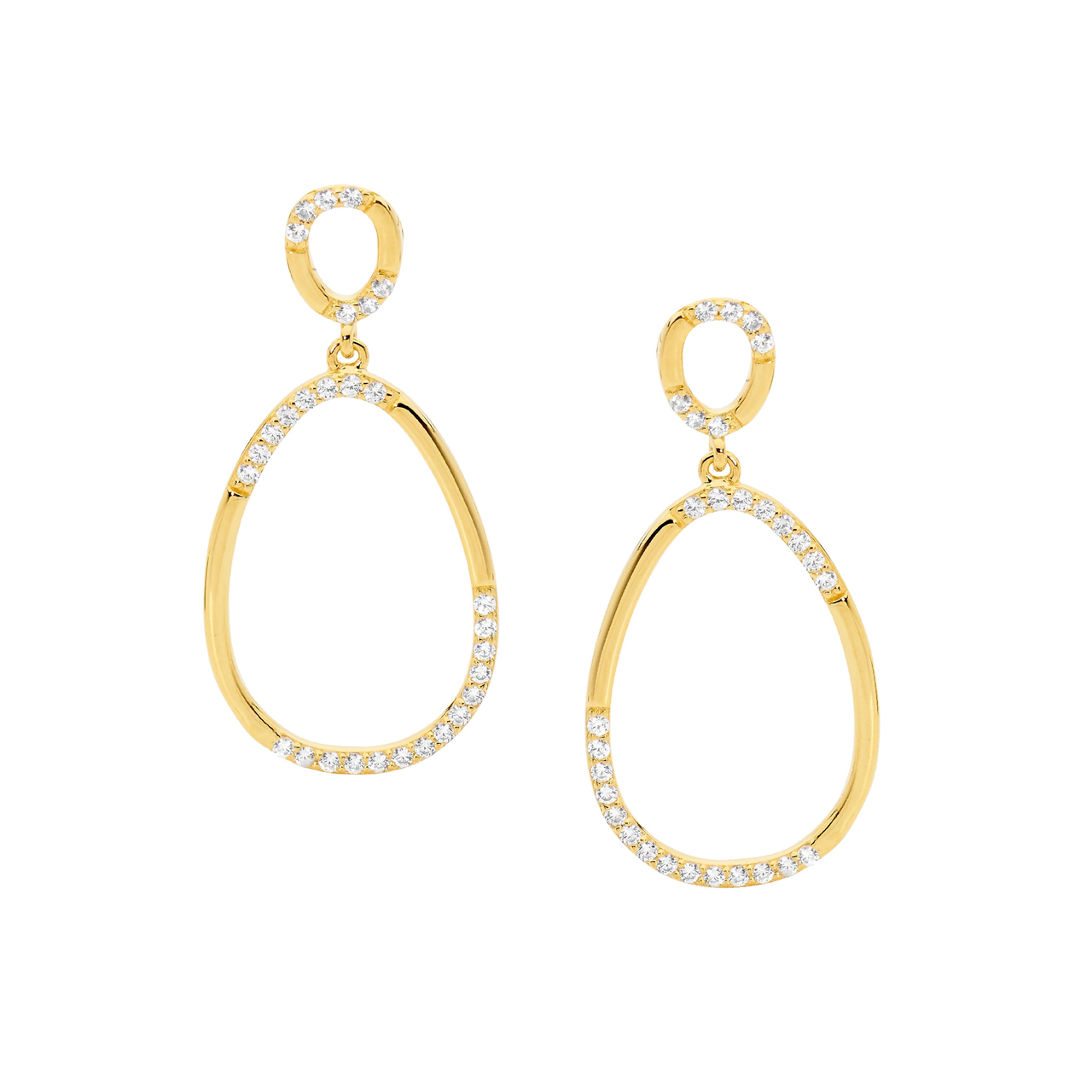 SS WH CZ 2x Oval Drop Earrings, w/ Gold Plating