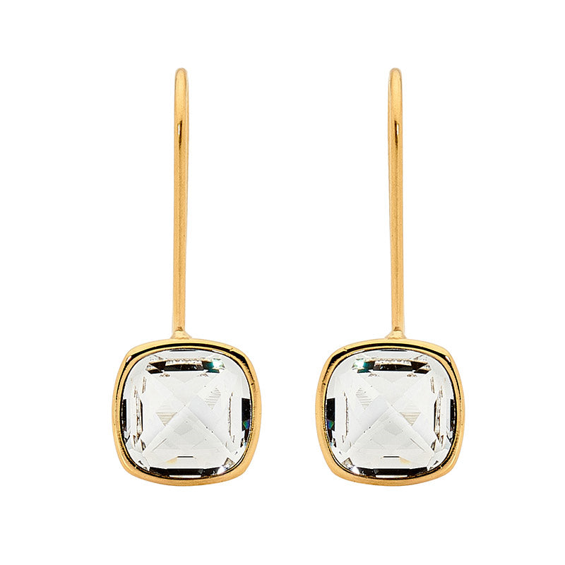 Stainless Steel Bezel Set Princess CZ Drop Earrings w/ Gold IP Plating