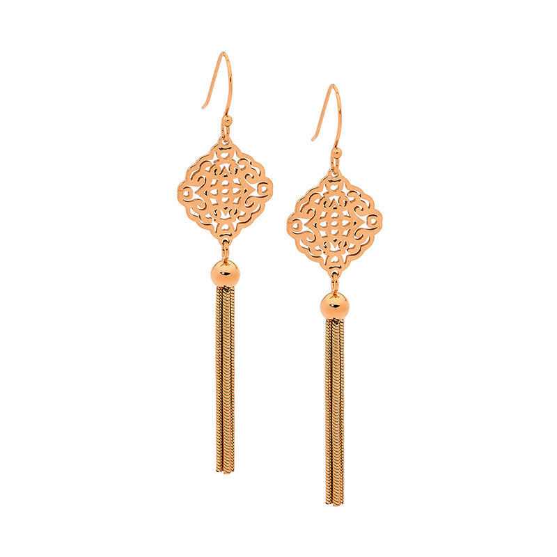 Stainless Steel Filigree earrings w/ drop tassel & Rose Gold IP Plating