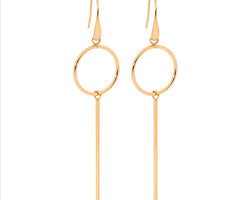 Stainless Steel 2cm Open Circle w/ Long Drop Bar Earrings & Rose Gold IP Plating