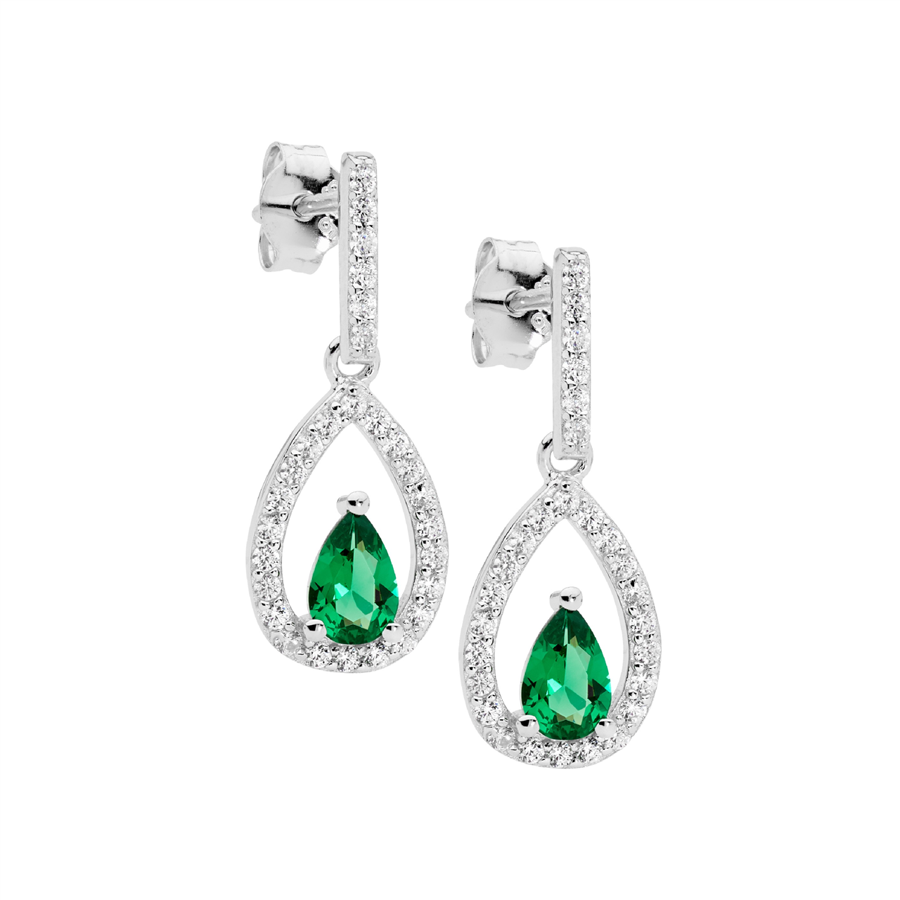 Sterling Silver Cz Green Pear Cz Centre Drop Earrings