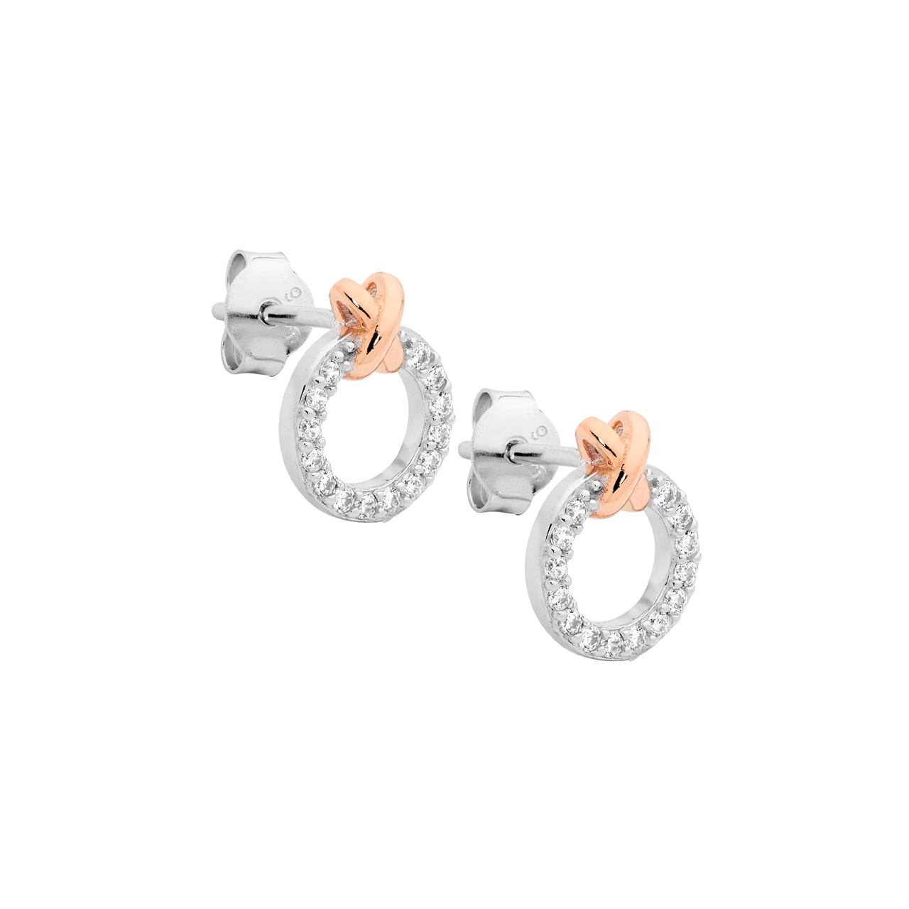 Ss Wh Cz 9Mm Circle W/Rose Gold Plated X" Earrings