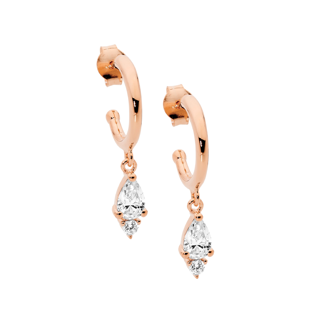 Ss 13Mm Hoop Earrings, Pear & Rnd Wh Cz Drop W/Rose Gold Plating