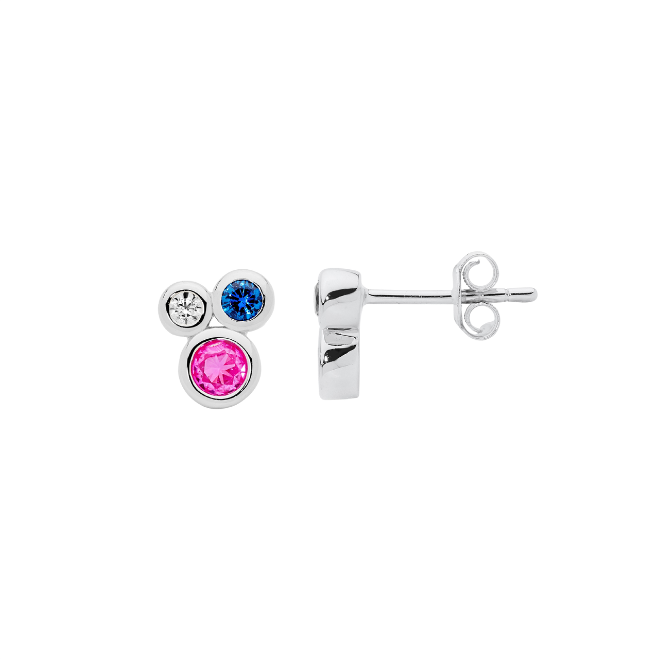 Sterling Silver Bezel Set Multi Colour Cz Cluster Earrings W/Gold Plating