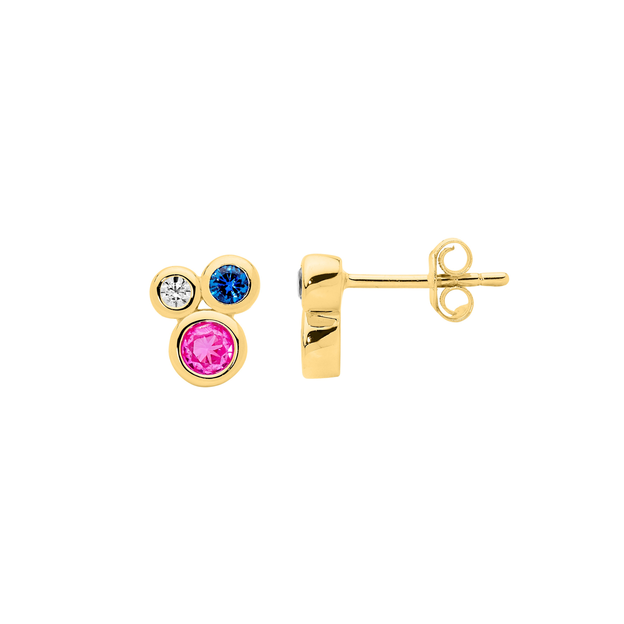 Sterling Silver Bezel Set Multi Colour Cz Cluster Earrings W/Gold Plating