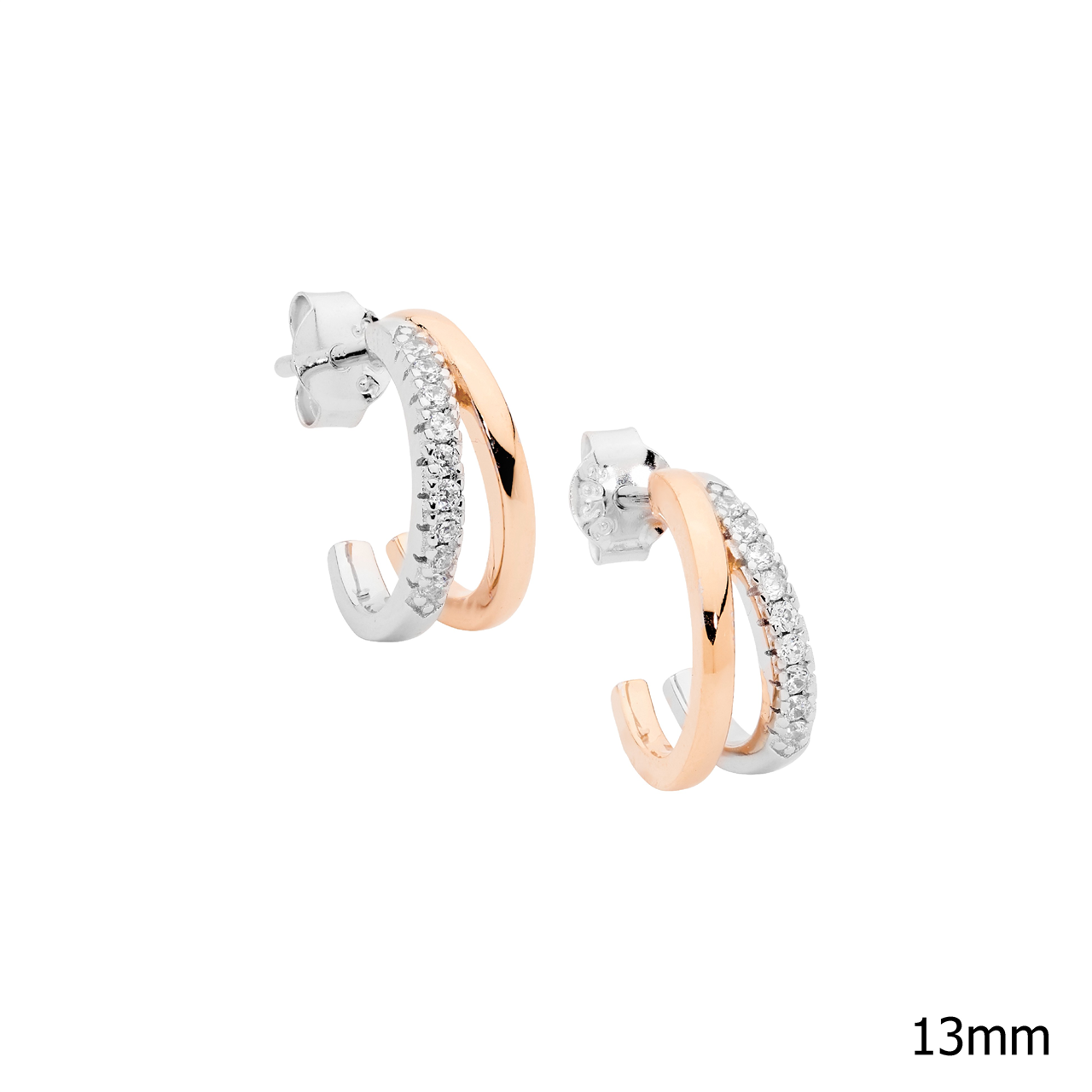 Sterling Silver 13Mm Dble Split Hoop Earrings, 1 Hoop Wh Cz W/Rose Gold Plating