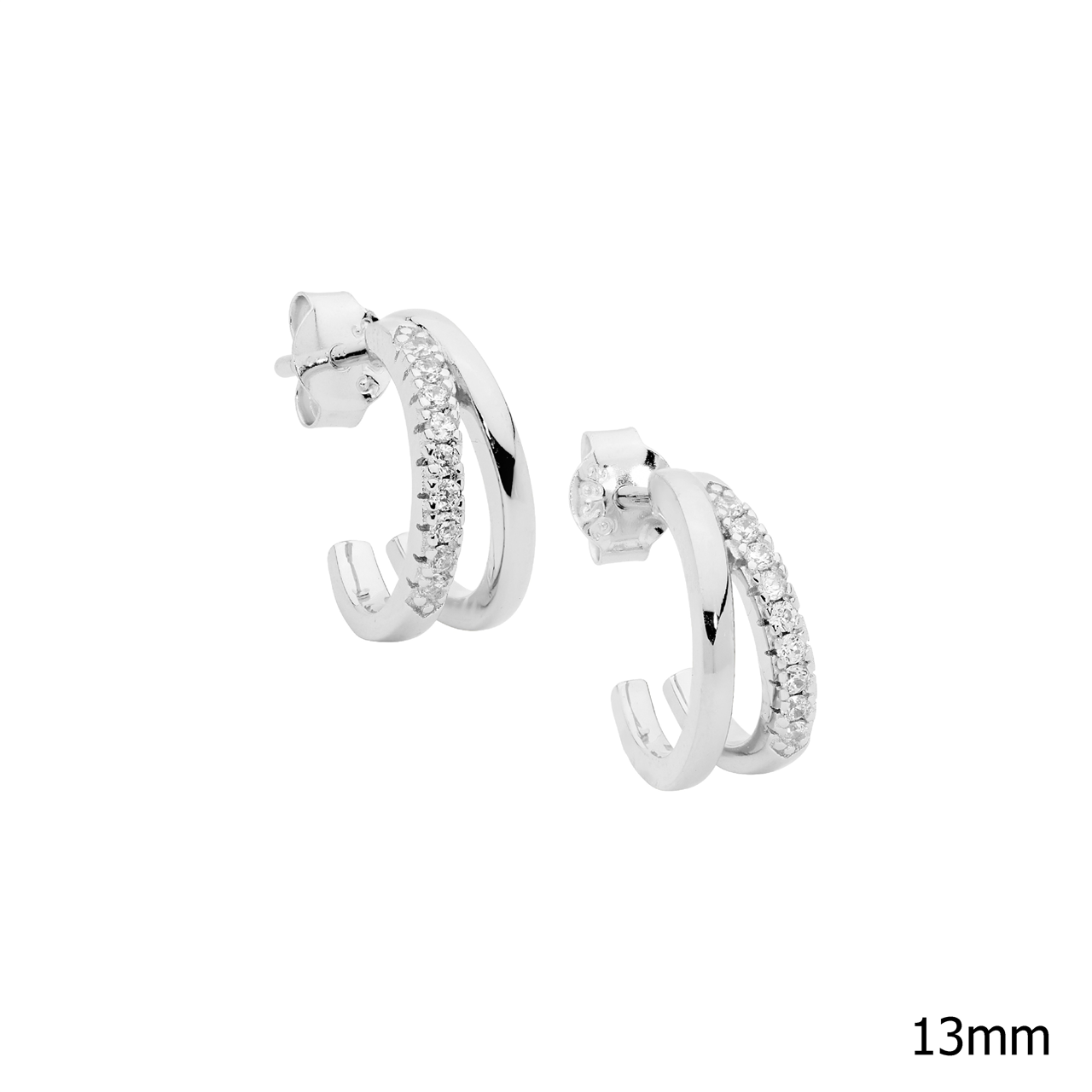 Sterling Silver 13Mm Dble Split Hoop Earrings, 1 Hoop Wh Cz