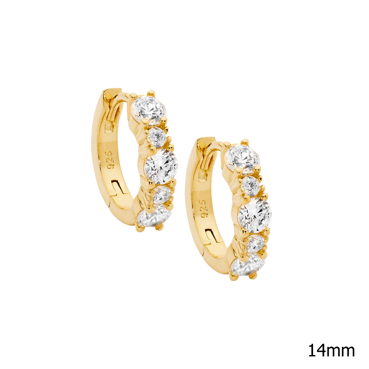 Sterling Silver 14Mm Hoop Earrings W/ 2 & 3.5Mm Wh Cz, Gold Plating