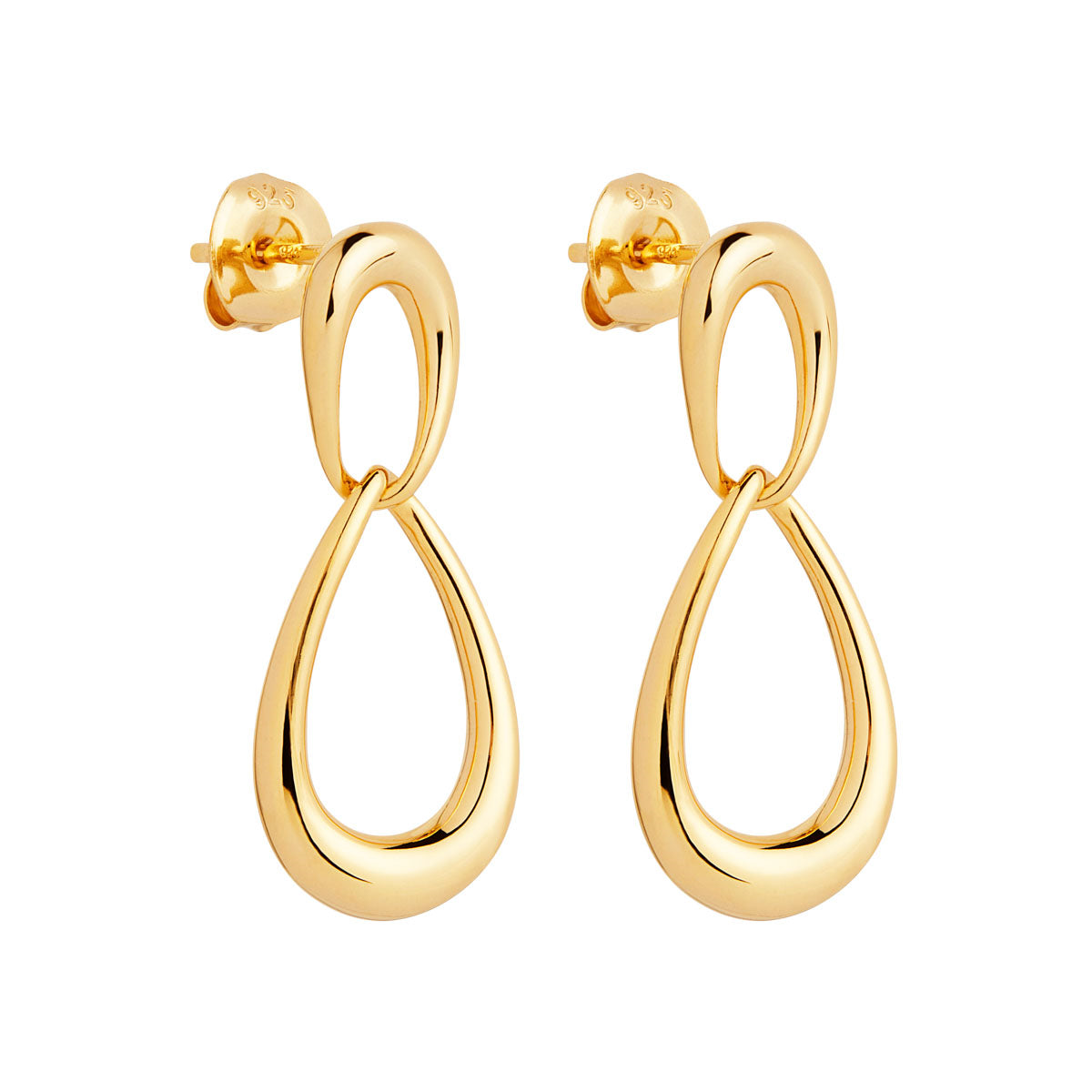 Yellow Gold Plated Silver Large Teardrop Hanging From Small Teardrop Drop Earrings