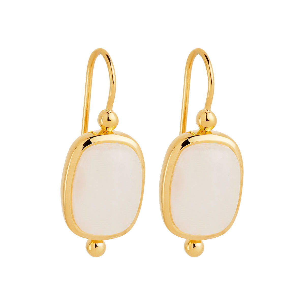 Rectangular Cabochon Rainbow Moonstone In Yellow Gold Plated Silver Earrings With Fixed Hook