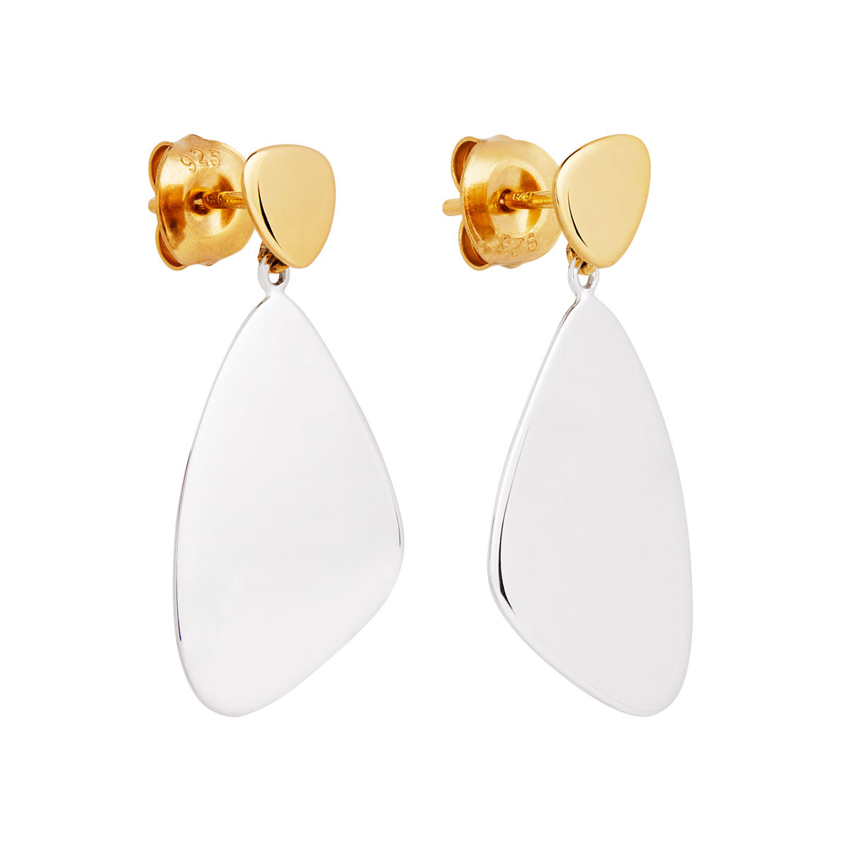 Silver Triangle Hanging From Small Yellow Gold Plated Silver Triangle With Stud Earrings