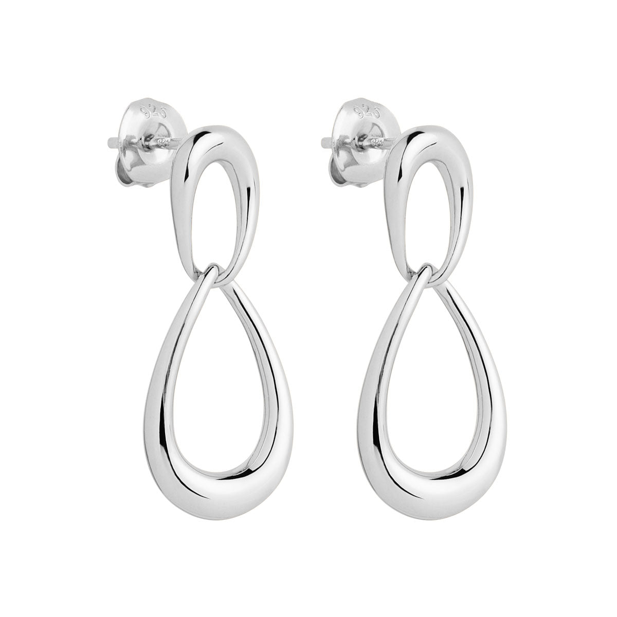 Silver Earring, Large Teardrop Hanging From Small Teardrop With Stud Fitting,