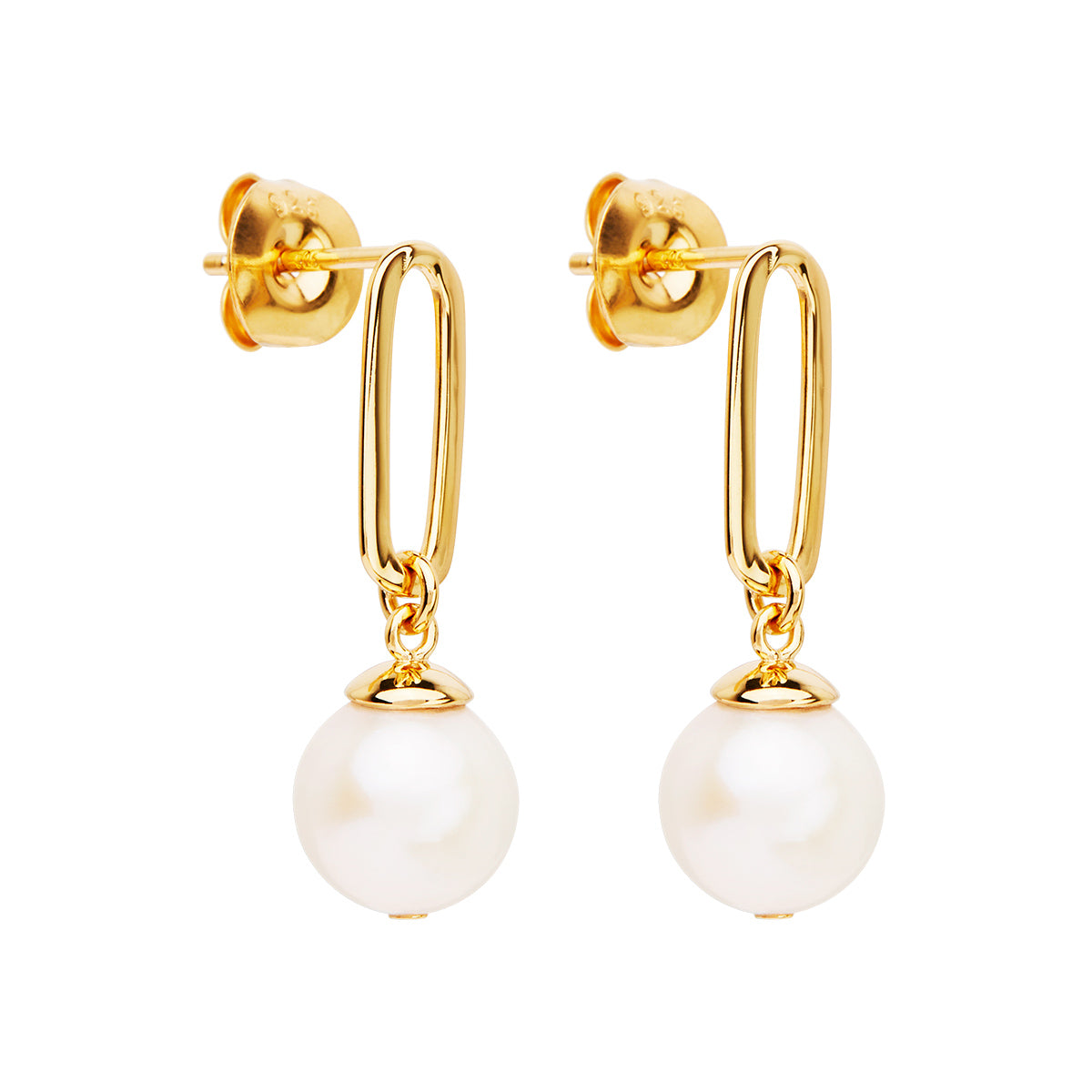 Yellow Gold Plated Silver Rectangle Link White Pearl Drop