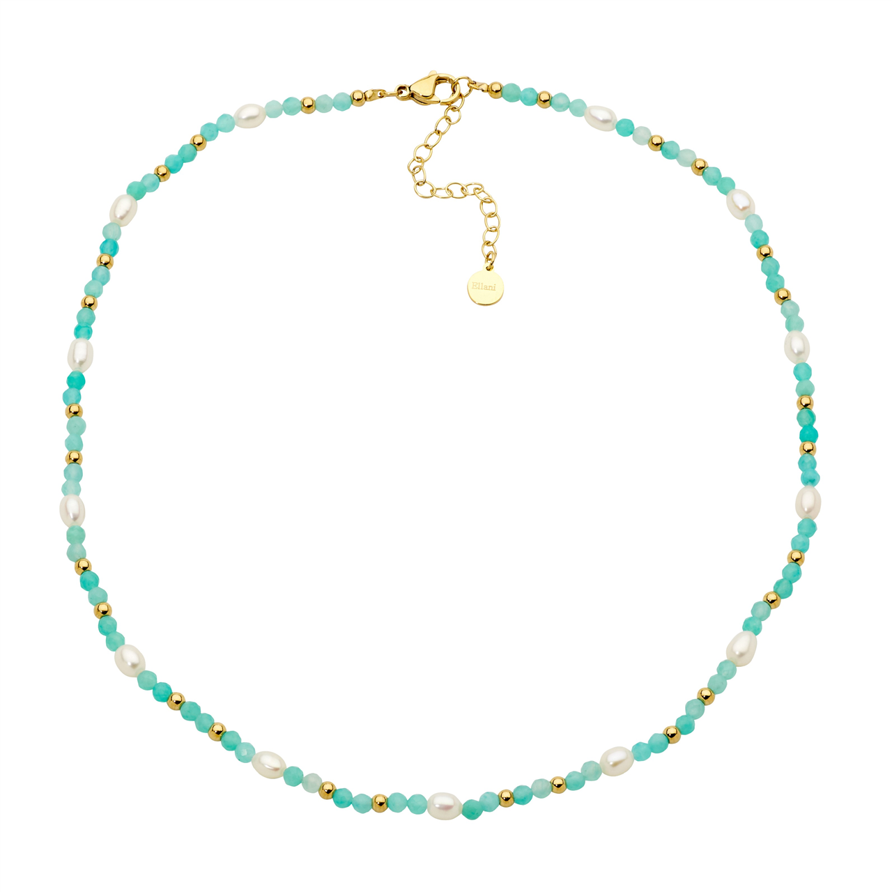 Stainless Steel Amazonite & Freshwater Pearl 40Cm Necklace W/Gold Ip Plating