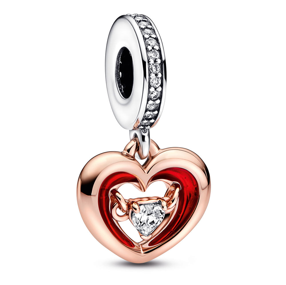 Open Heart Sterling Silver And 14K Rose Gold-Plated Dangle With Clear Cubic Zirconia And Red Enamel