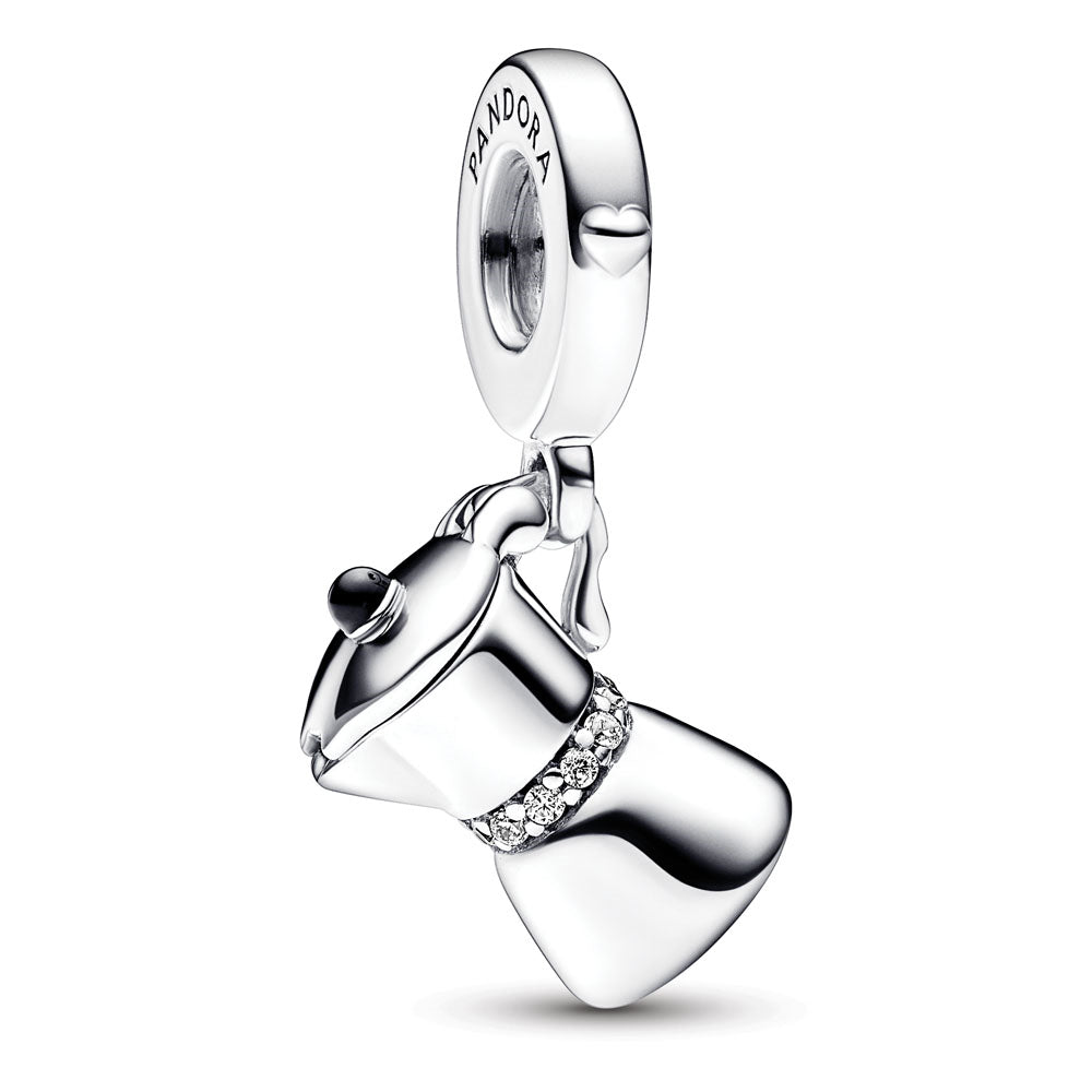 Moka Pot Sterling Silver Dangle With Clear Cubic Zirconia And Black Enamel