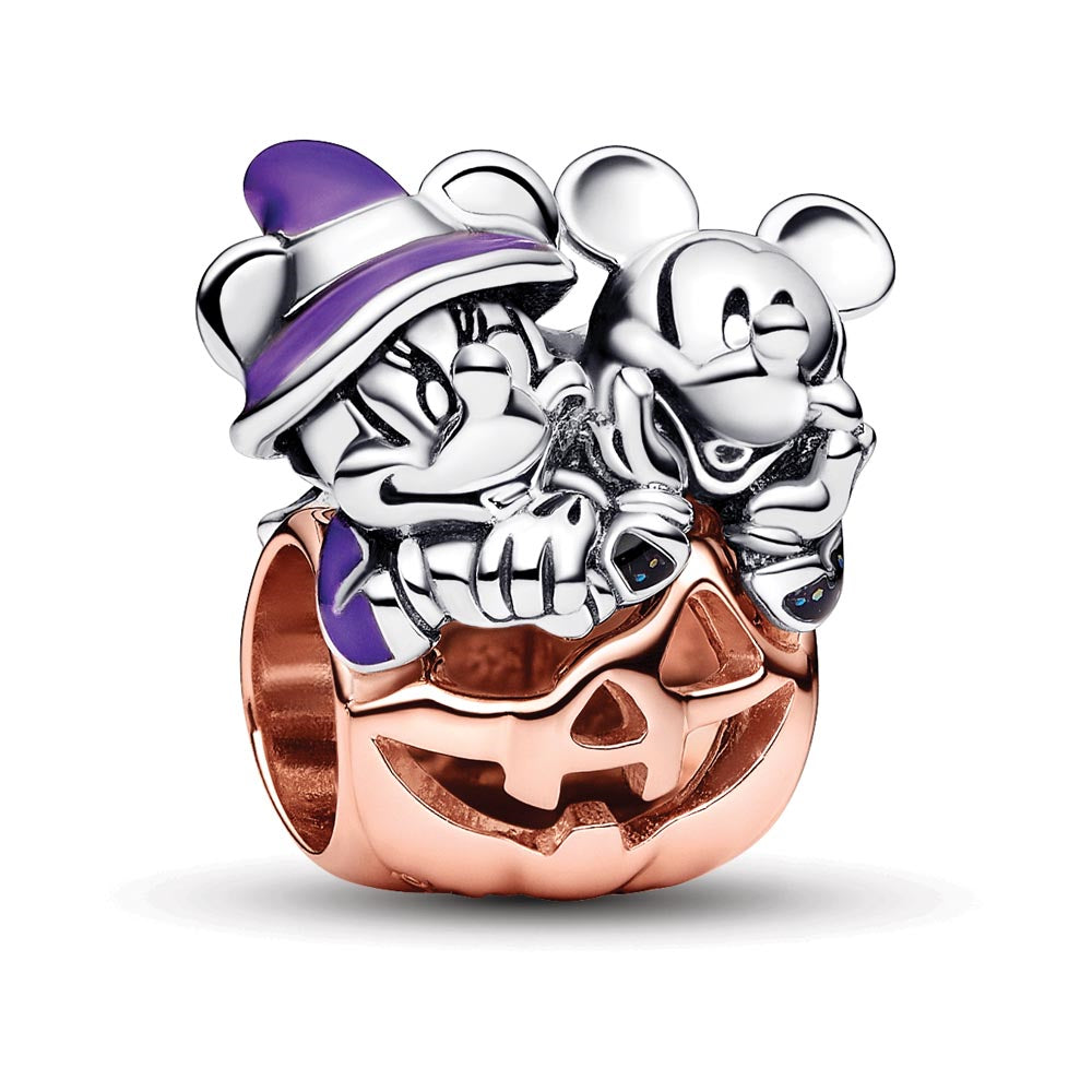 Disney Mickey And Minnie Pumpkin Sterling Silver And 14K Rose Gold-Plated Charm With Black And Purple Glow In The Dark Enamel