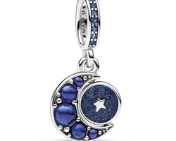 Crescent Moon Sterling Silver Dangle With Royal Blue, Stellar Blue And Skylight Blue Crystal And Shimmering Blue Enamel