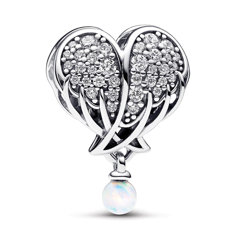 Angel Wing Heart Sterling Silver Charm With Clear Cubic Zirconia And White Lab-Created Opal