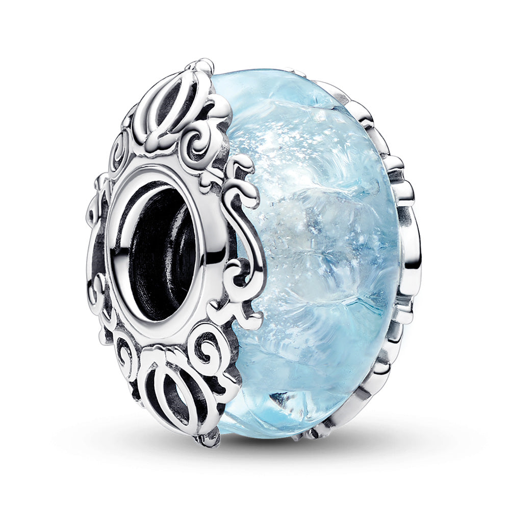 Disney Sterling Silver Charm With Light Blue Murano Glass And Silver Foil