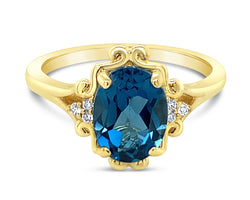 Ten Carat Yellow Gold London Blue Topaz & Diamond Ring