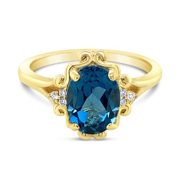Ten Carat Yellow Gold London Blue Topaz & Diamond Ring