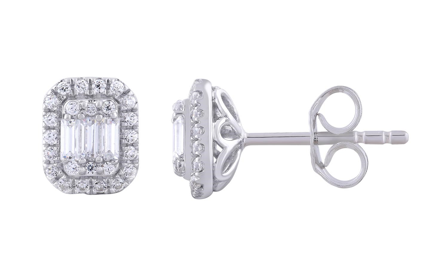 9ct White Gold Emerald Cut Diamond Halo Stud Earrings