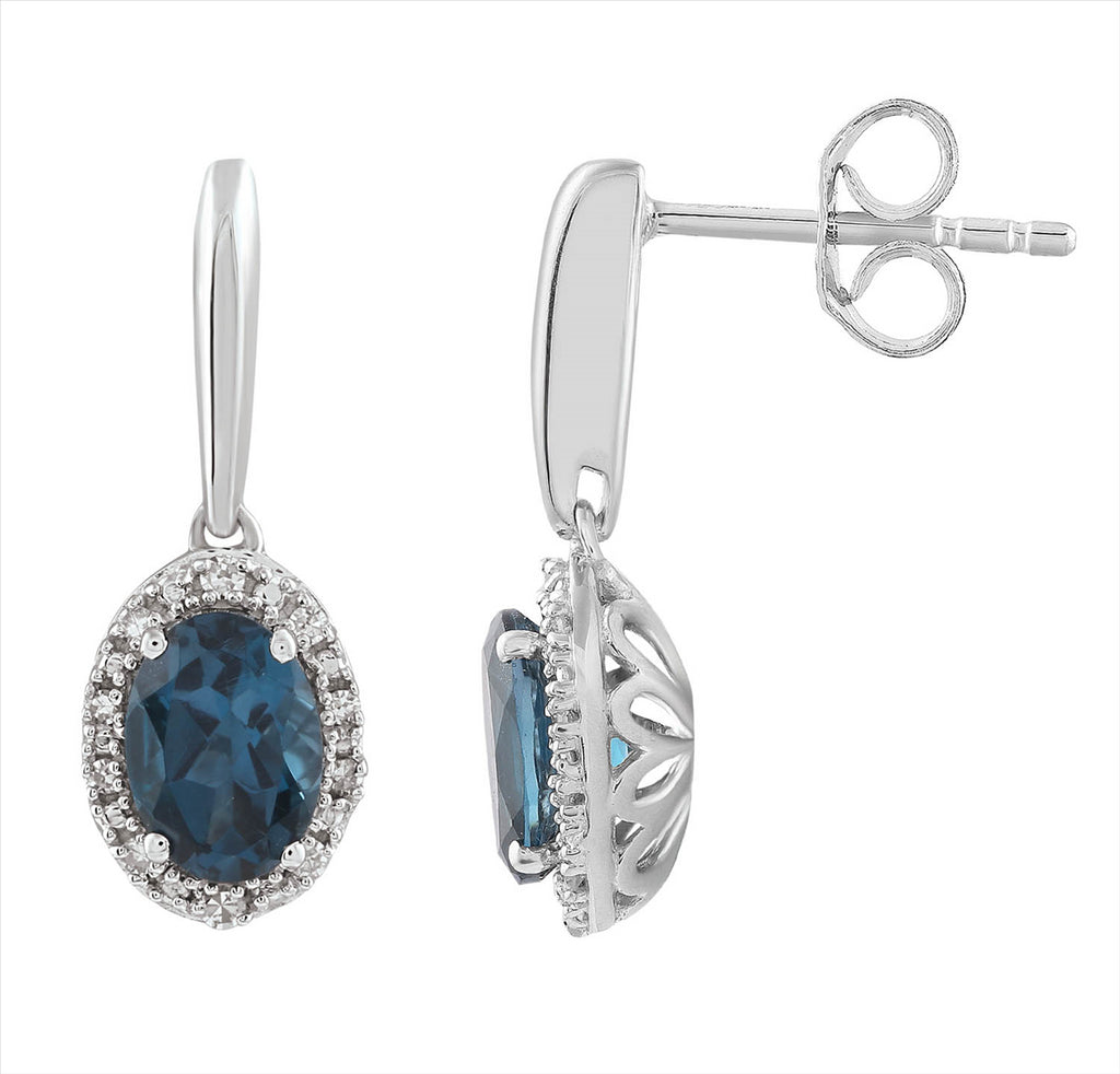 9ct White Gold Diamond & London Blue Topaz Drop Stud Earrings