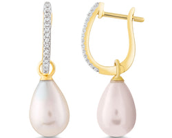 9ct Yellow Gold Diamond And Pearl Drop Earrings