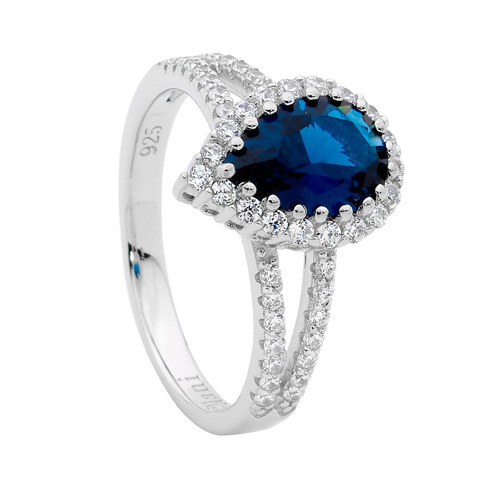 Ellani London Blue Pear Shape Cz Ring With Halo