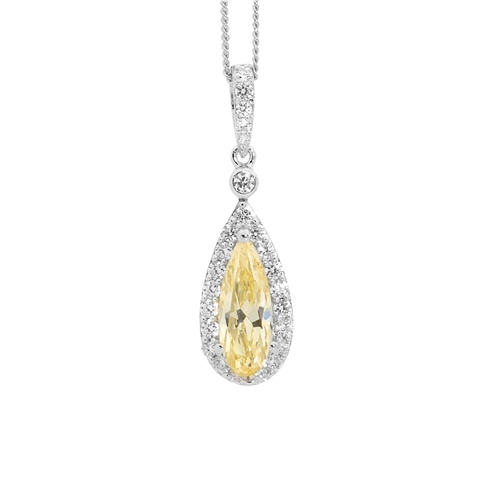 SS Citrine CZ Drop Pear w/ WH CZ Surround Pendant