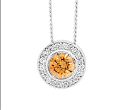 SS Round Fancy Yellow CZ Sol. w/ WH CZ Claw Surround Pendant