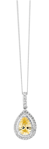 SS Citrine CZ Pear w/ WH CZ Dbl Halo Surround Pendant