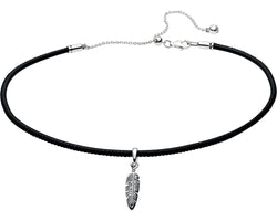 Black Leather Choker W Stg Feather