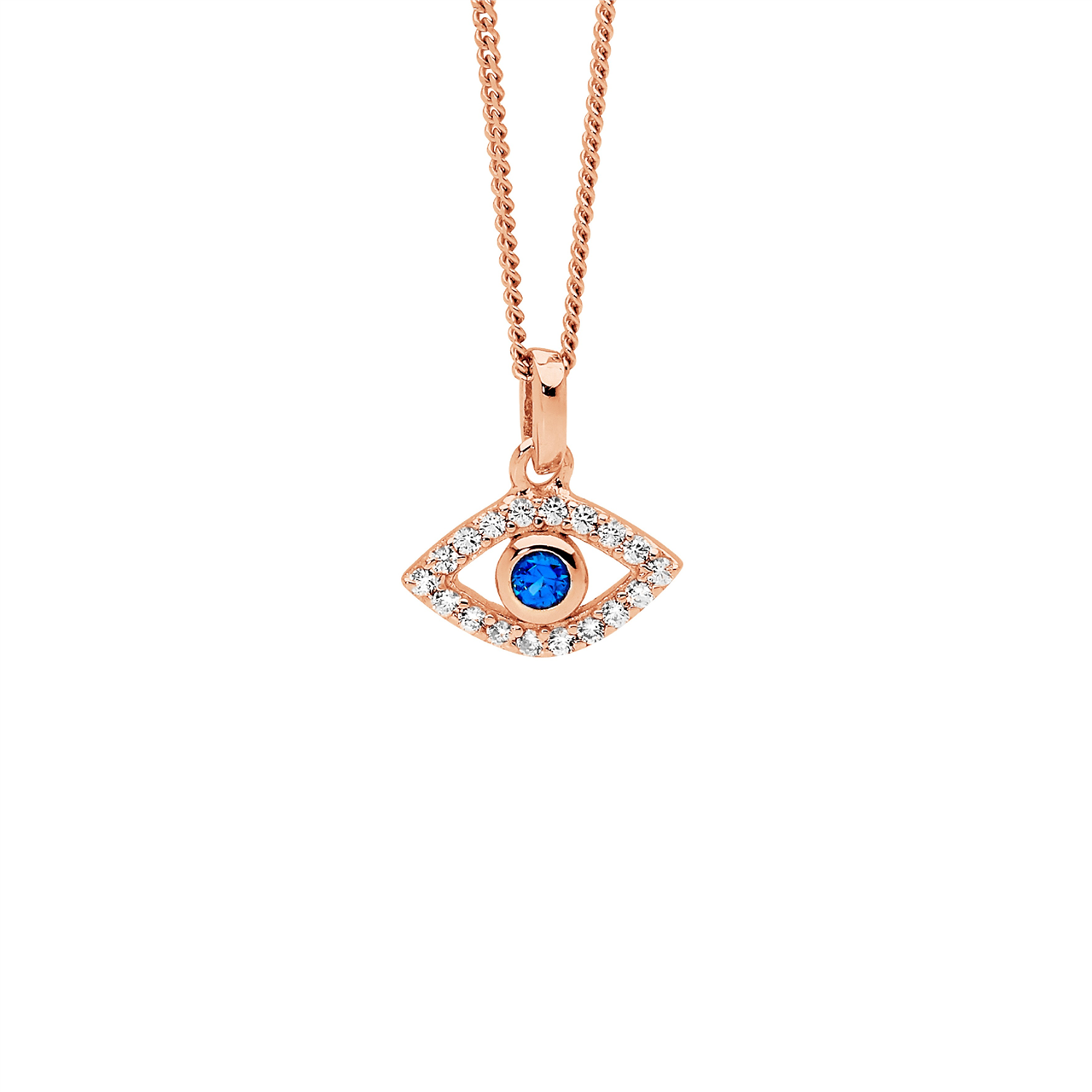 Ss Wh & Blue Cz Bezel Set Evil Eye Pendant W/Rose Gold Plating