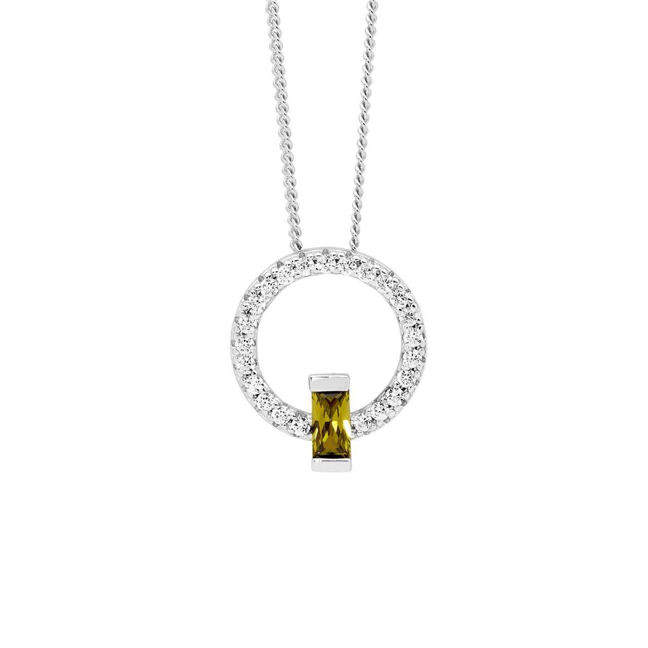 Ss Wh Cz 13Mm Open Circle Pendant W/ Peridot Baguette Cz