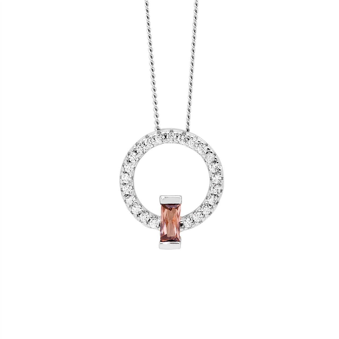 Ss Wh Cz 13Mm Open Circle Pendant W/ Rhodolite Baguette Cz
