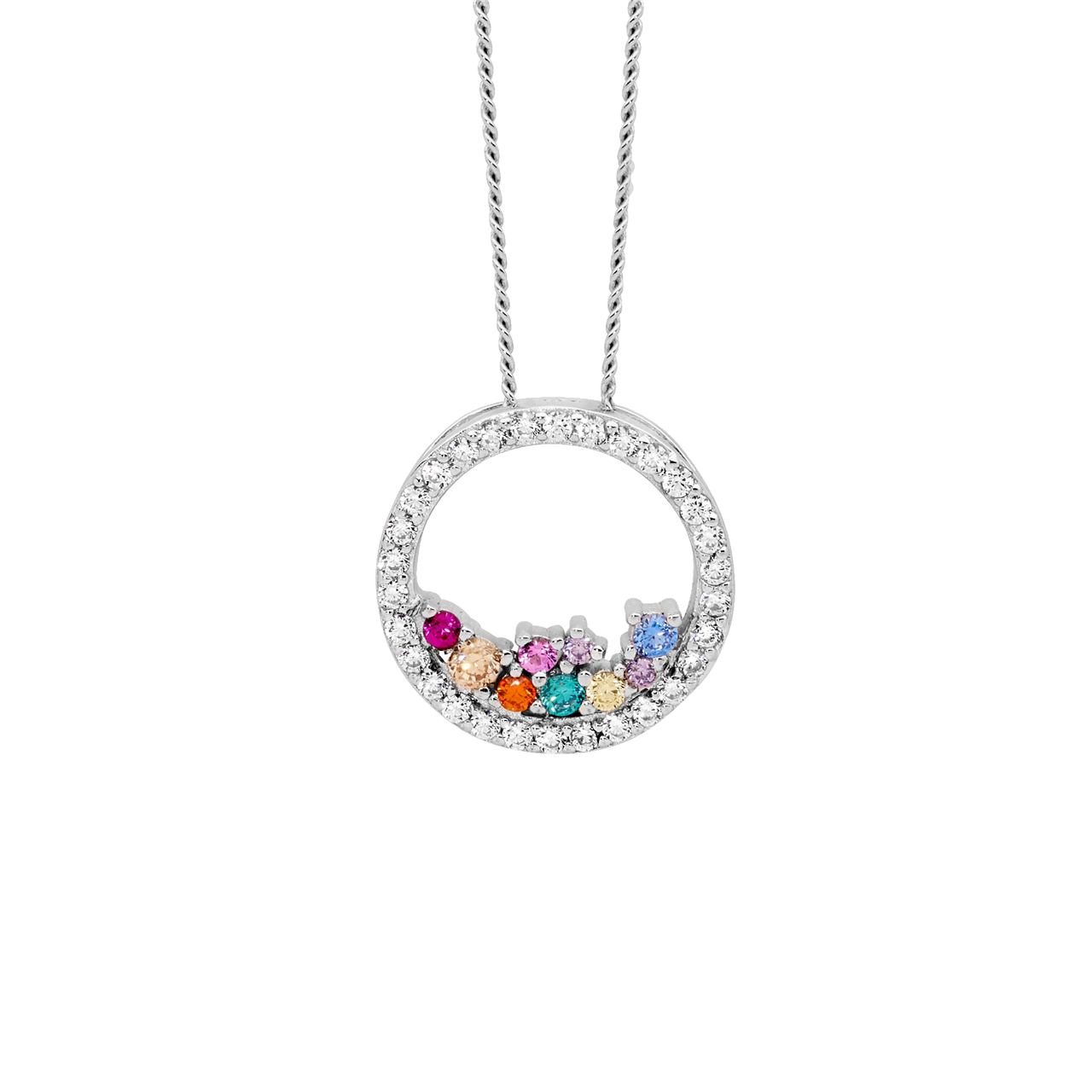 Ss Wh Cz 14Mm Open Circle Pendant W/ Scattered Multi Colour Cz