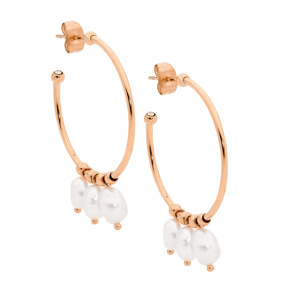 Ellani Stainless Steel And Rose Gold Plated Hoop Earrings With Freshwater Pearls