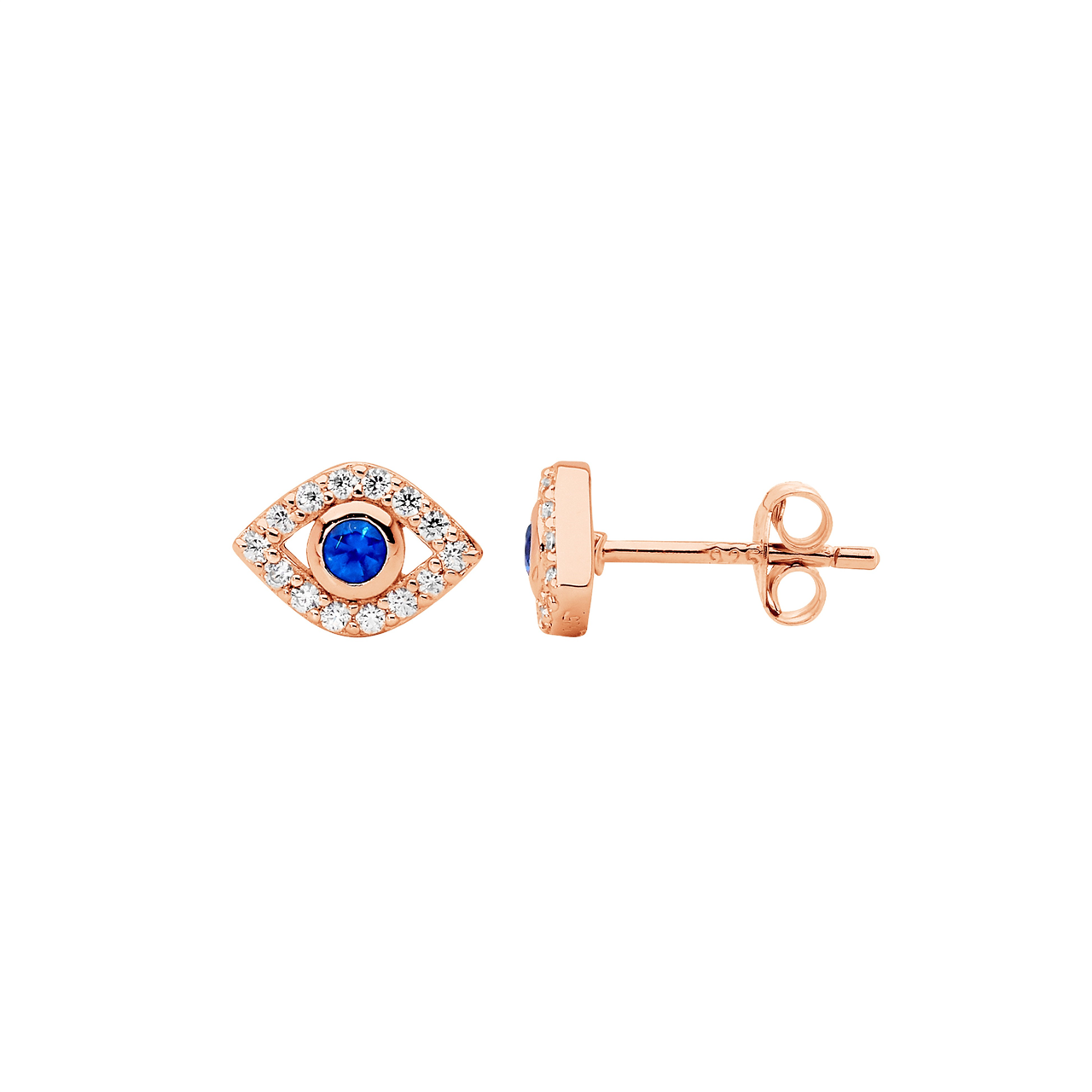 Ss Wh & Blue Cz Bezel Set Evil Eye Earrings W/Rose Gold Plating