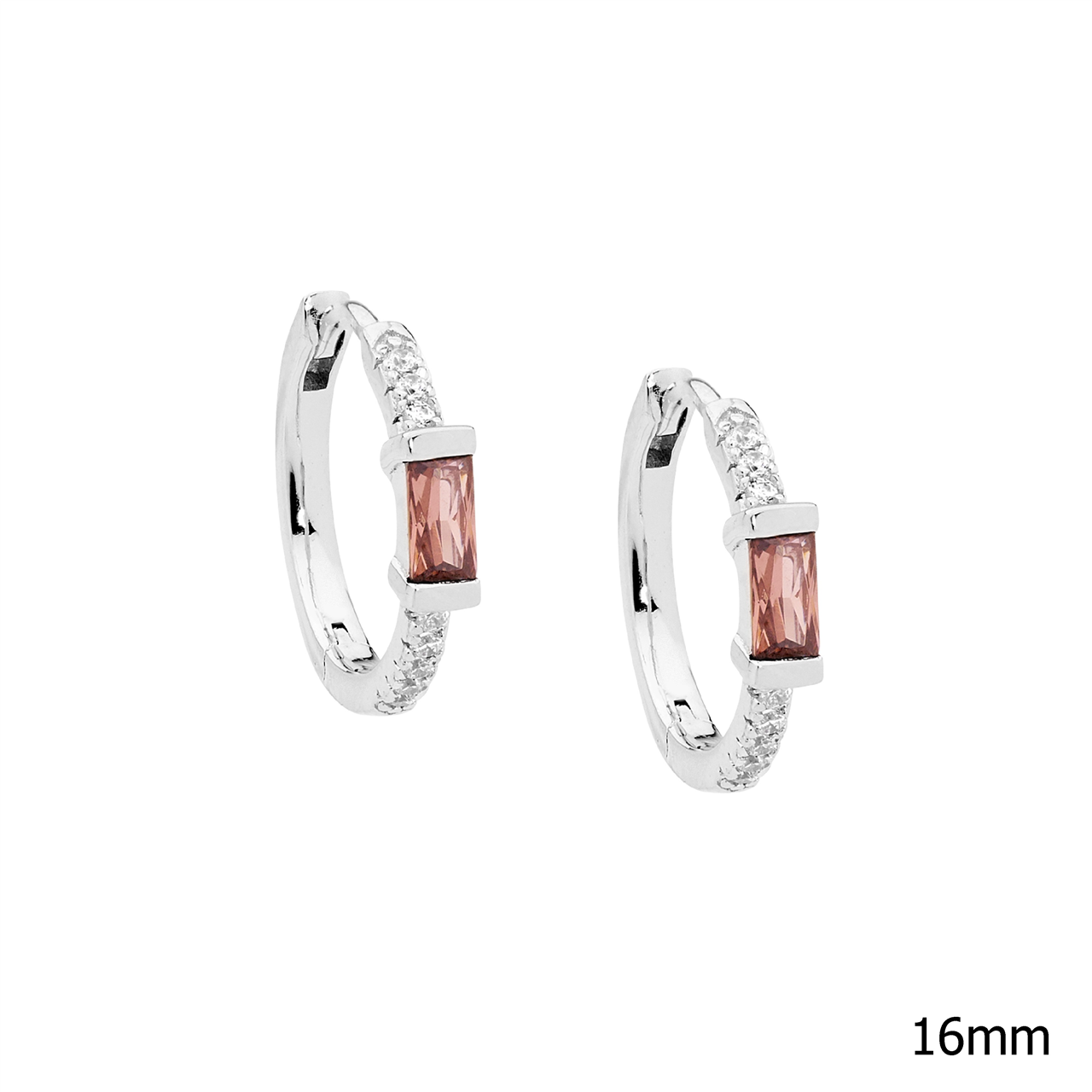 Ss Wh Cz 16Mm Hoop Earrings W/ Rhodolite Baguette Cz